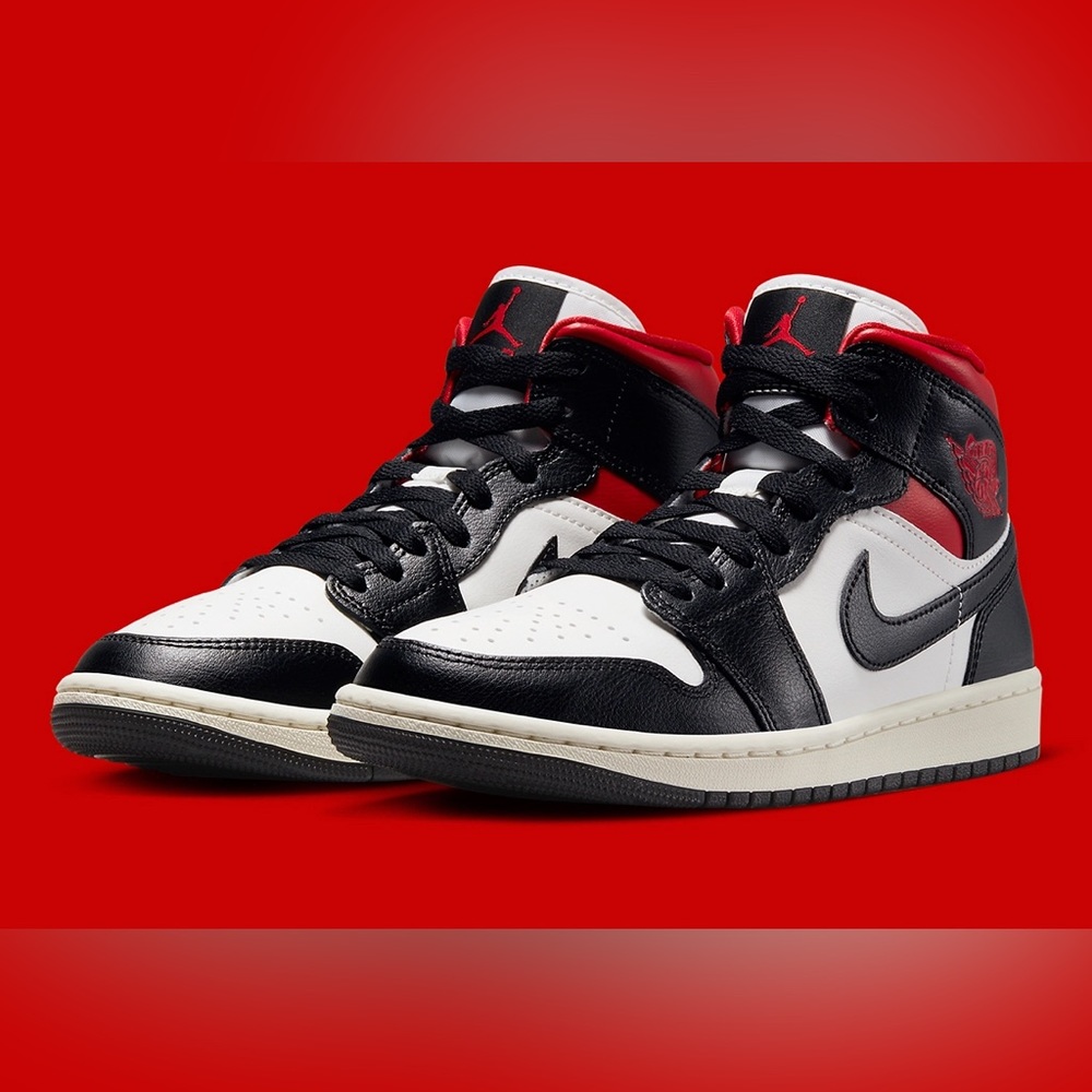 Nike Air Jordan 1 Mid White Black Red Panda Shoes BQ6472-061 Women's Sizes